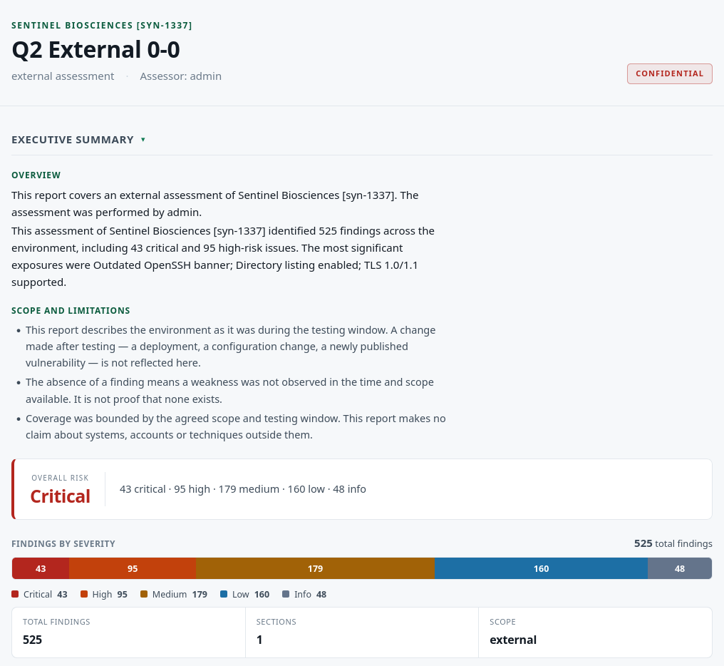 A rendered client report: executive summary, scope and limitations, an overall risk rating of Critical, and findings broken down by severity.